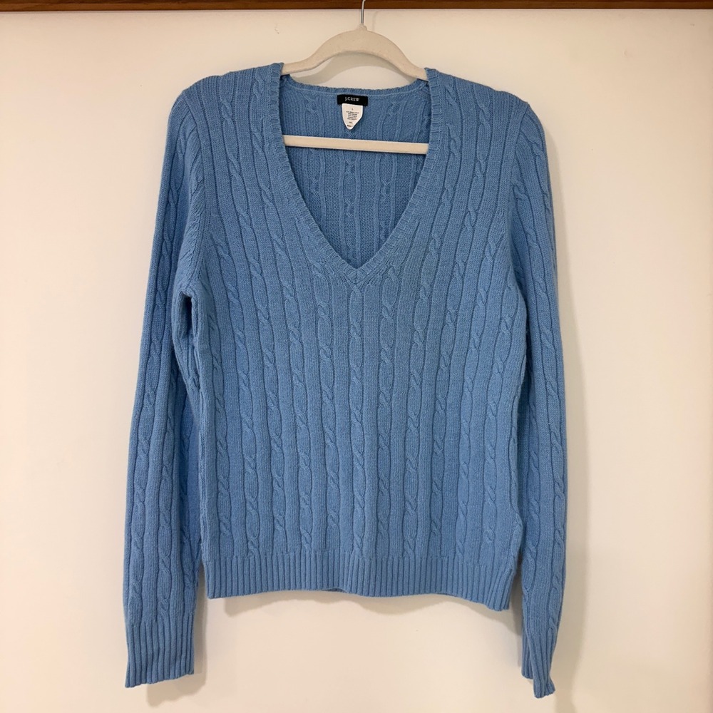 J.Crew Cable Knit V-Neck Sweater Womens Large Blue Cashmere Blend‎ | Preppy